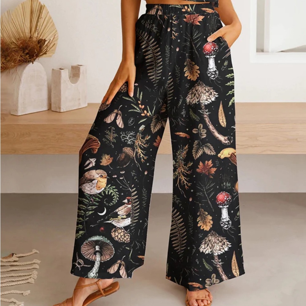 Mystical Mushrooms & Birds Fairyland Forest Printed Casual Pants